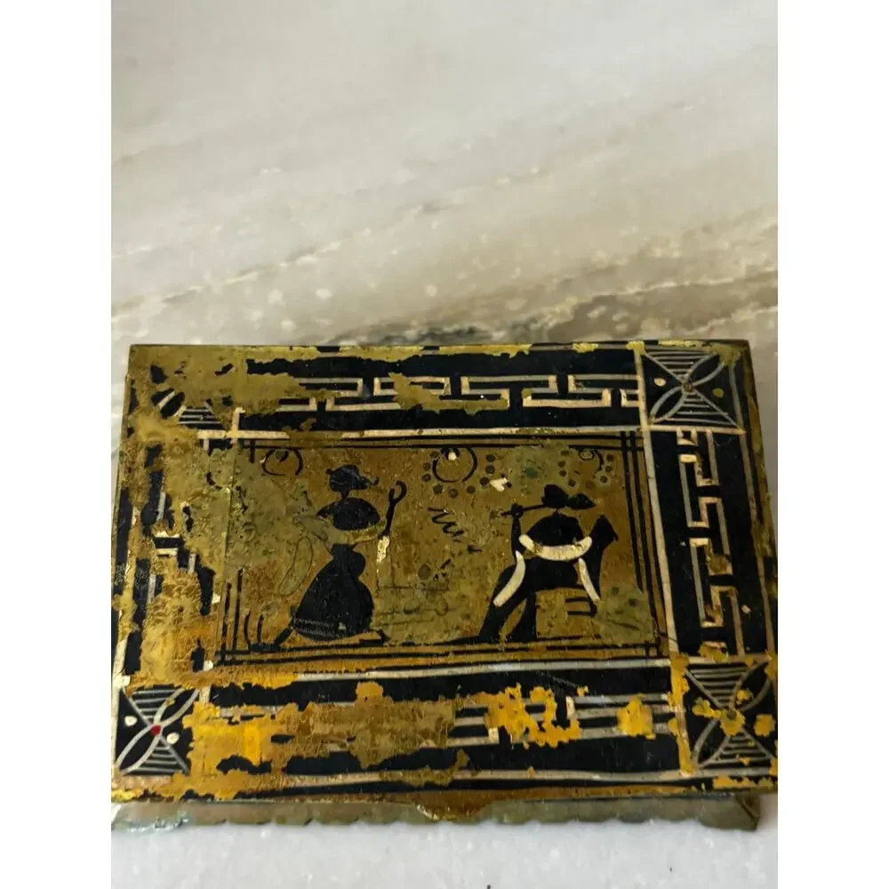 Vintage Brass & Black Lacquer Trinket Box Greek Key Classical Scene Jewelry Box